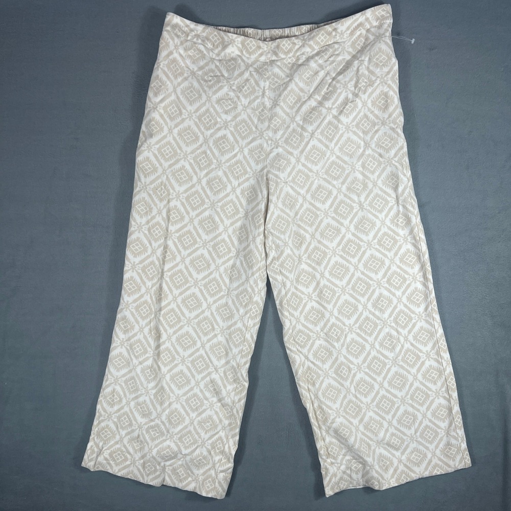 Soft Surroundings Womens Pants L Beige White Geometric Wide Leg Cropped 2AF72